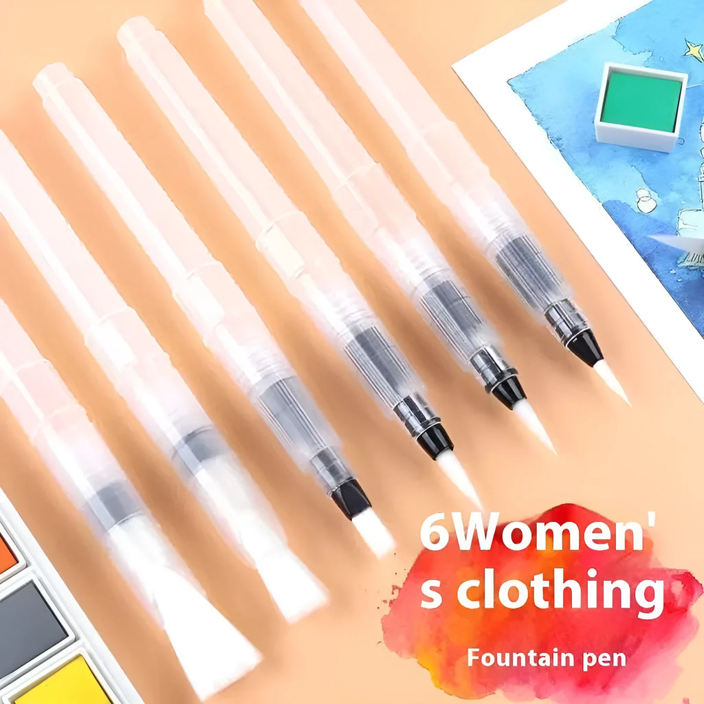 Watercolour pen set with pointed and flat soft wool tips in small, medium, and large sizes