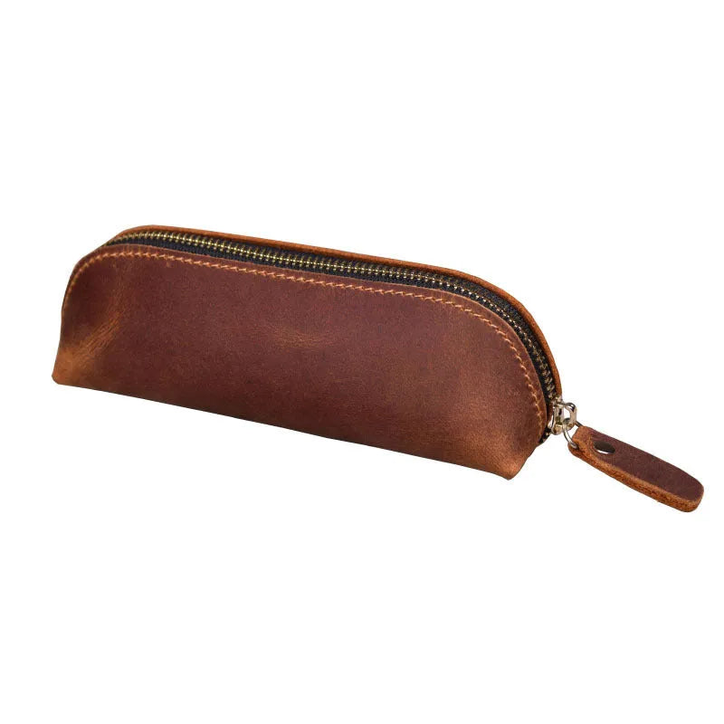 Genuine cowhide leather rectangular glasses and pencil case with a zipper in black, brown, dark brown, or yellow.