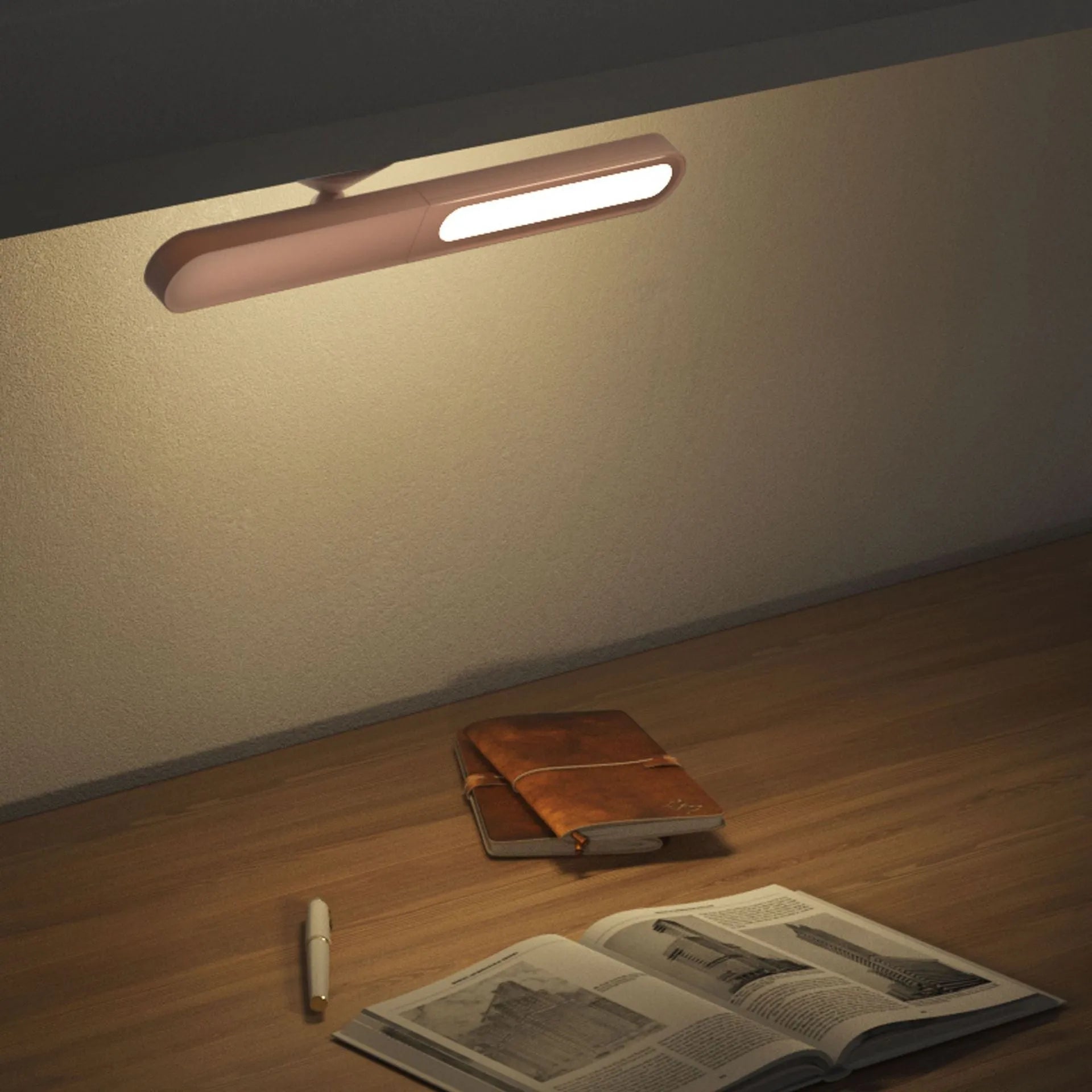 Geometric desk lamp with magnetic suction base and touch control in white or khaki colour