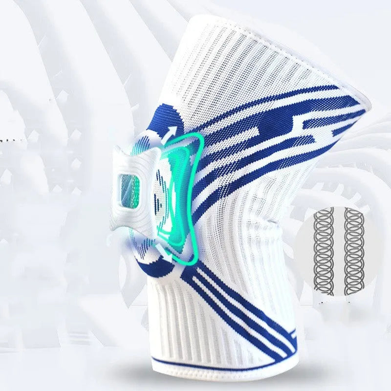 Blue elastic cotton knee pad for adults, shown on a knee for basketball or running sports.