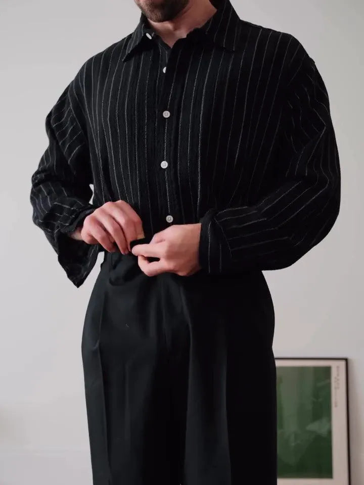 Black pinstriped button-down shirt with striped pattern and regular-length cut