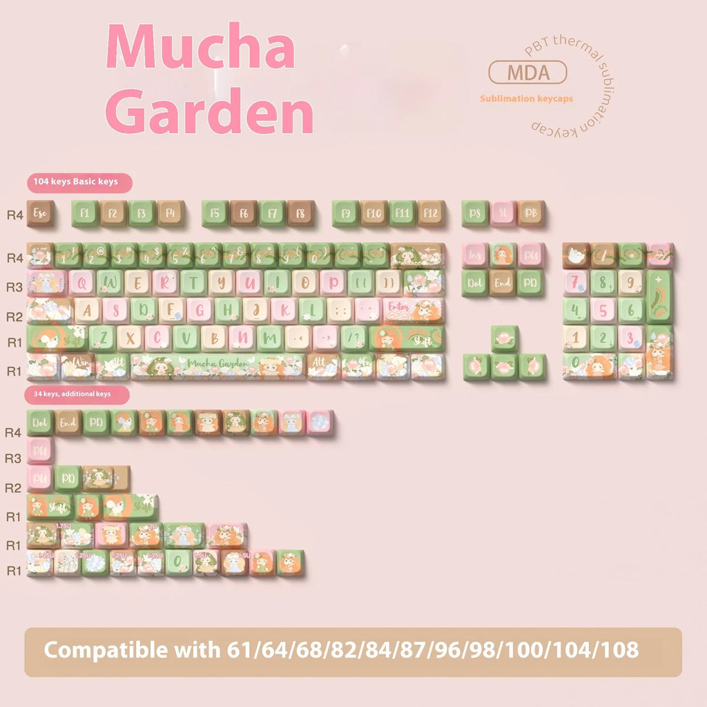 Mu Xia Garden Original Key Cap set in Summer Garden colour with sublimated custom graphics, showing 138-key and 158-key options
