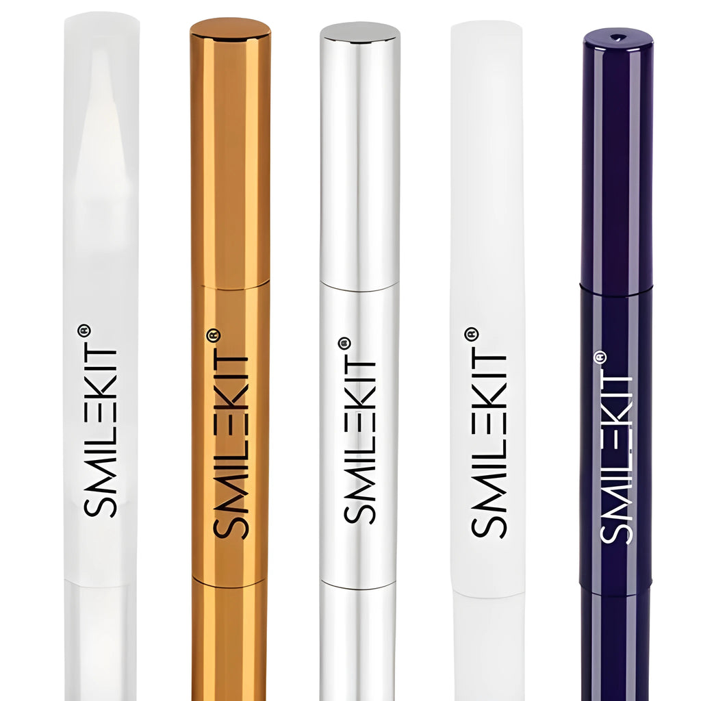 Gold aluminium case teeth whitening pen with brush tip applicator for whitening gel.
