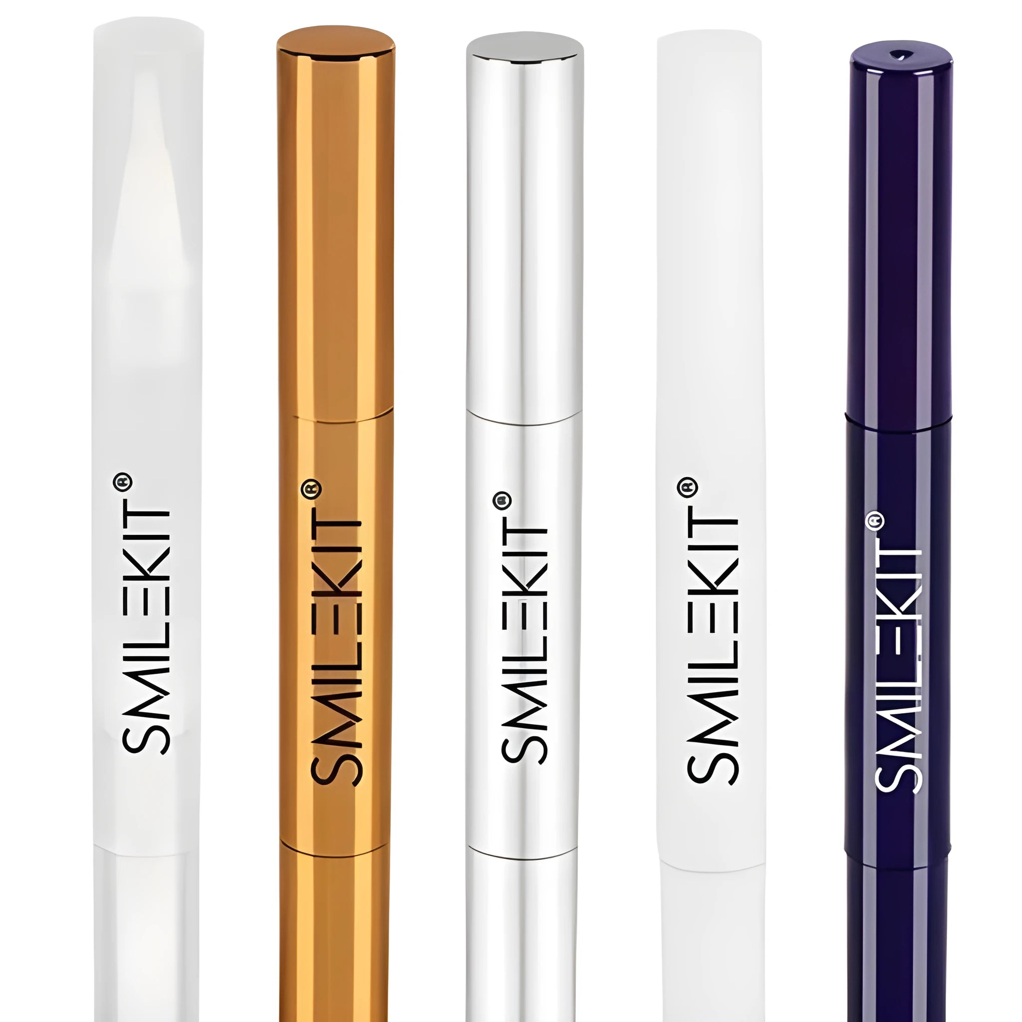 Gold aluminium case teeth whitening pen with brush tip applicator for whitening gel.