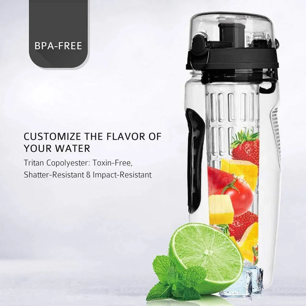 32oz BPA-free plastic water bottle with fruit infuser insert and leak-proof sports cap