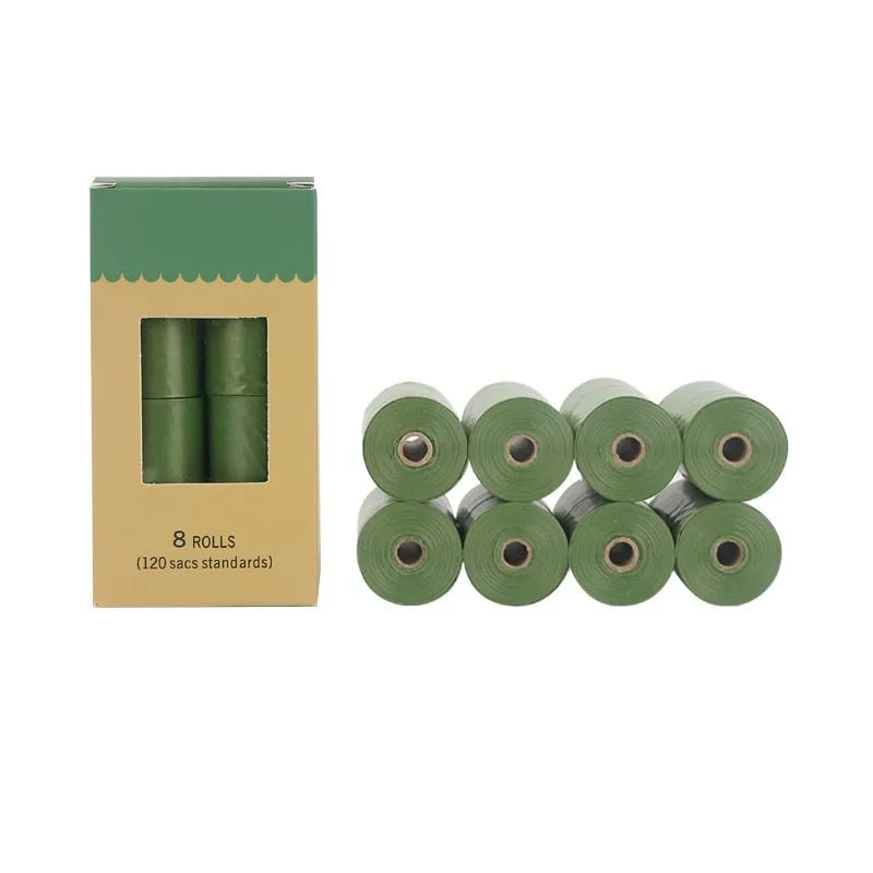 EPI degradable pet waste bags in green, blue, purple, orange, black, showing roll and boxed set options.
