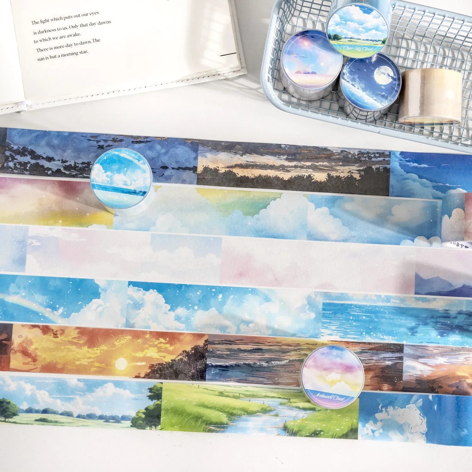 Japanese paper decorative tape roll with sky theme designs showing colourful clouds, twilight, and moonlight sky colour variations