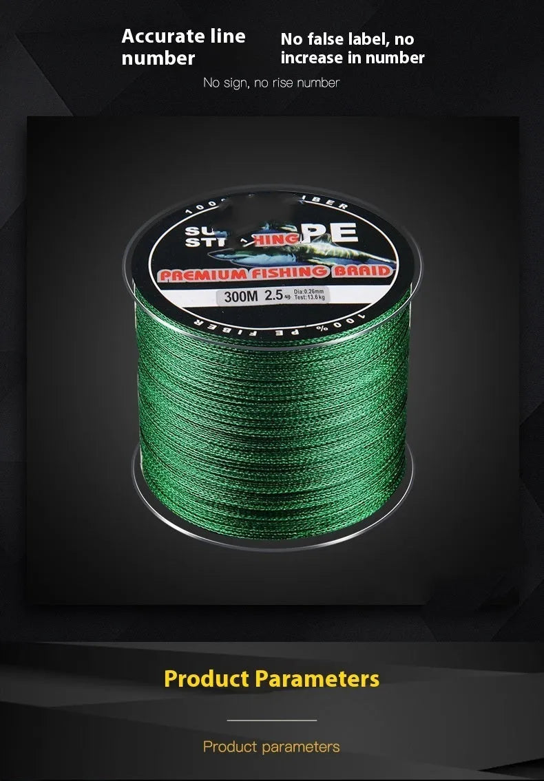 300 metre PE fishing line reel with 4-section design showing multiple colour options