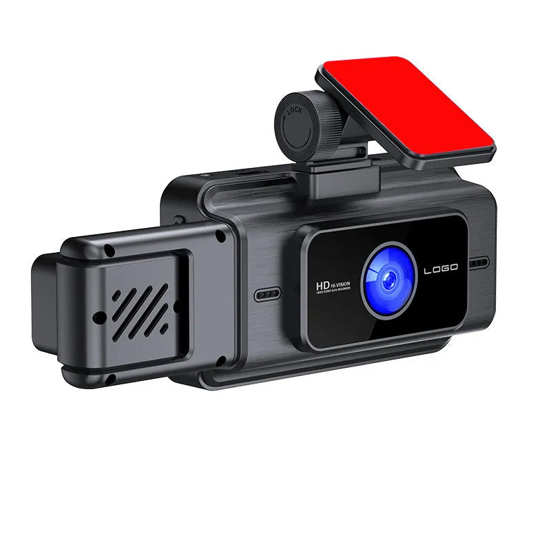 Black three-lens car dashboard camera with 3 inch screen mounted on front windshield