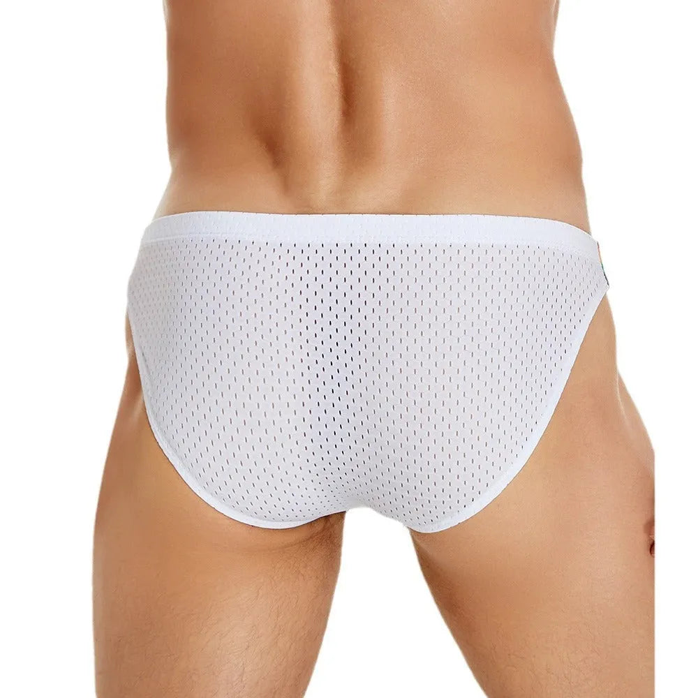 Men's low waist nylon mesh briefs with a rainbow elastic waistband, shown in a solid colour.