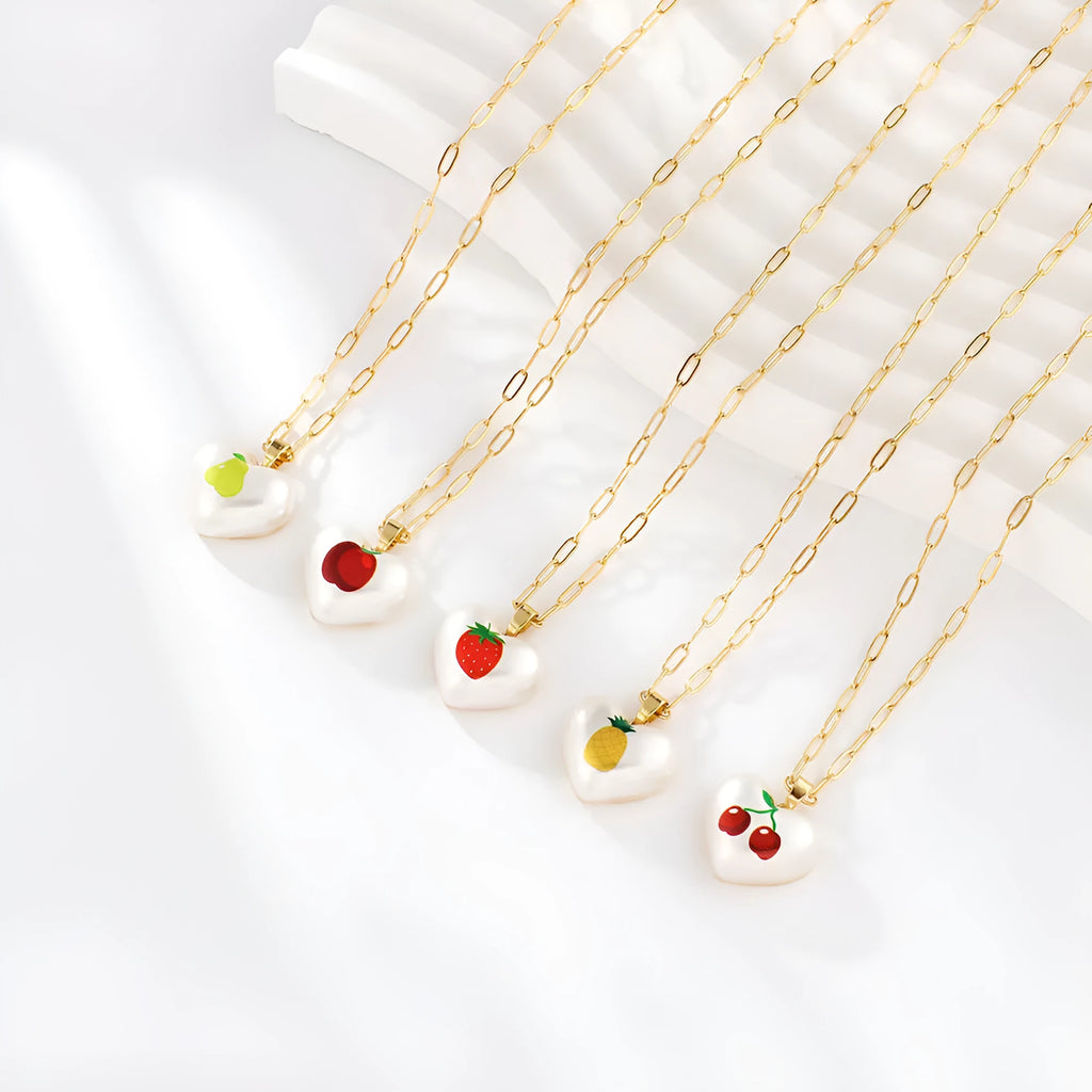 Fresh style geometric necklace with choice of apple, pineapple, strawberry, cherry, and pear fruit pendants on an adjustable chain.