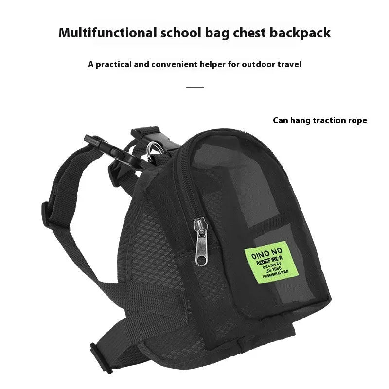 Solid colour breathable polyester dog backpack with a zipped main compartment and lead attachment strap.