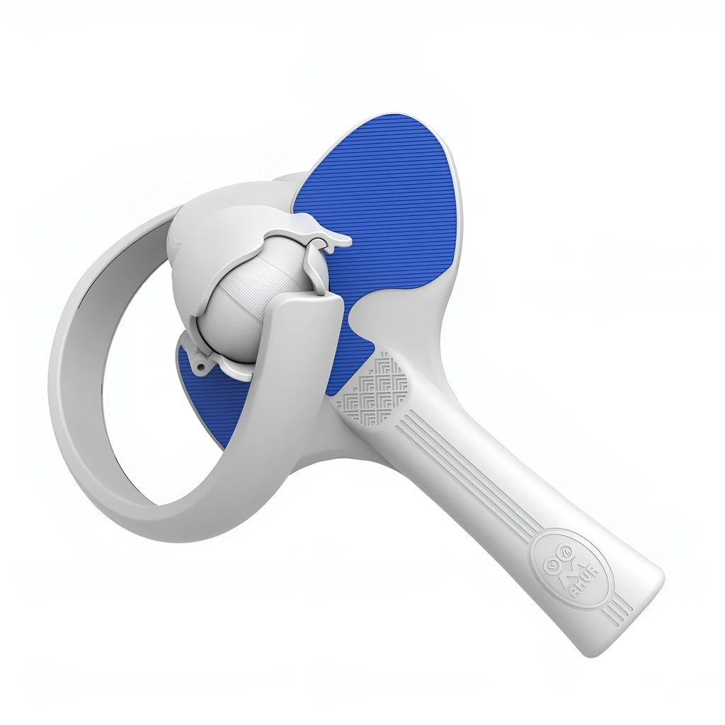 Red and blue plastic silicone handle grip for Pico 4 VR controller, shown as a table tennis racket accessory.