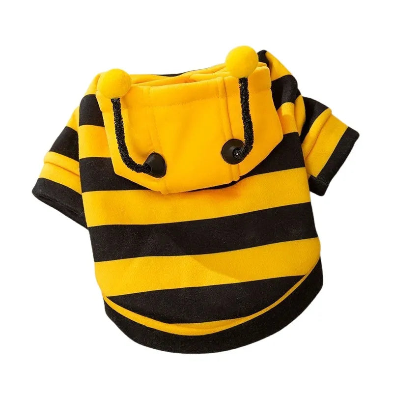 Yellow and black striped bee antenna hoodie for small dogs and cats with flexible antennae and back belt hook