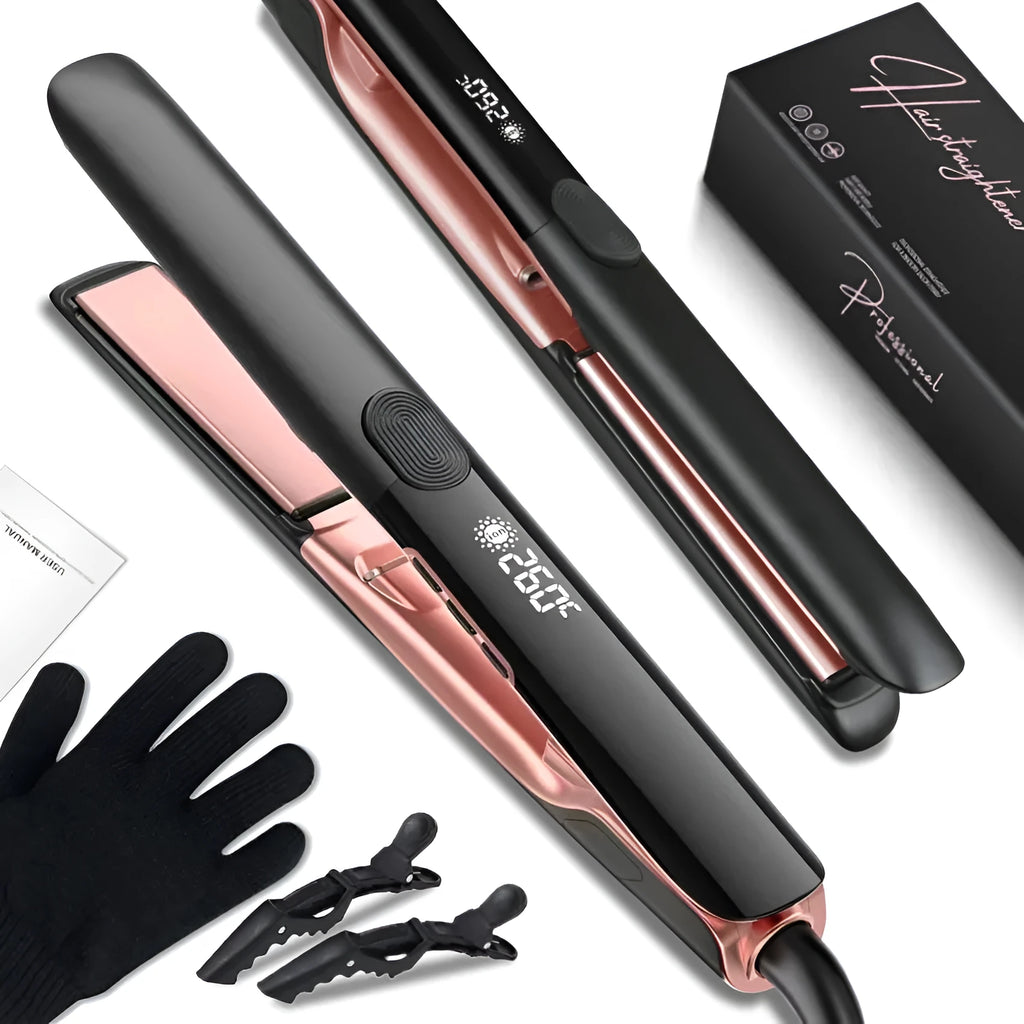 Hair straightener with negative ion technology and temperature display showing 207℃