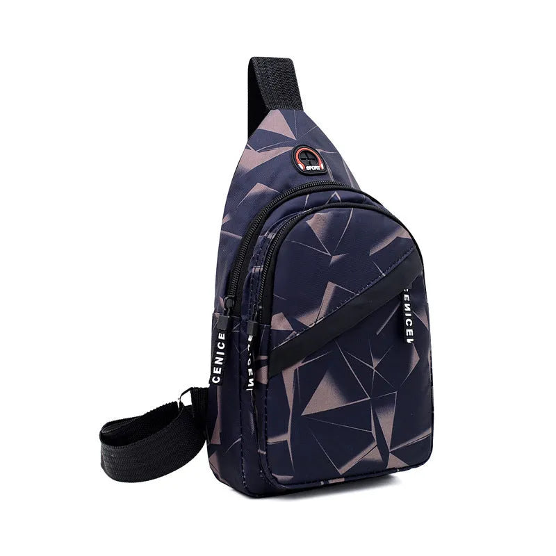 Men's crossbody chest sling bag in blue with earphone hole, zipper pockets, and soft handle, measuring 17x30x5cm