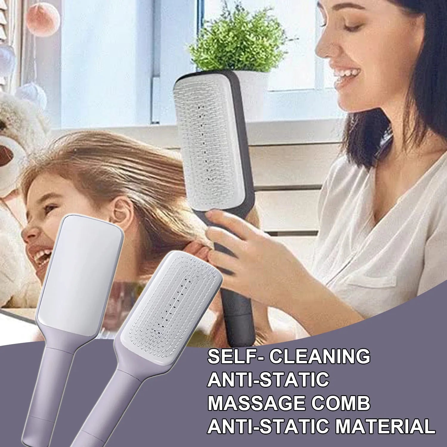Purple self-cleaning hair brush with telescopic handle showing rotating mechanism and comb teeth