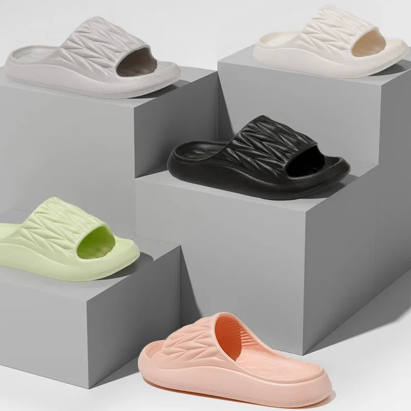 Leaf texture pattern EVA slippers showing moulded sole design for indoor non-slip use