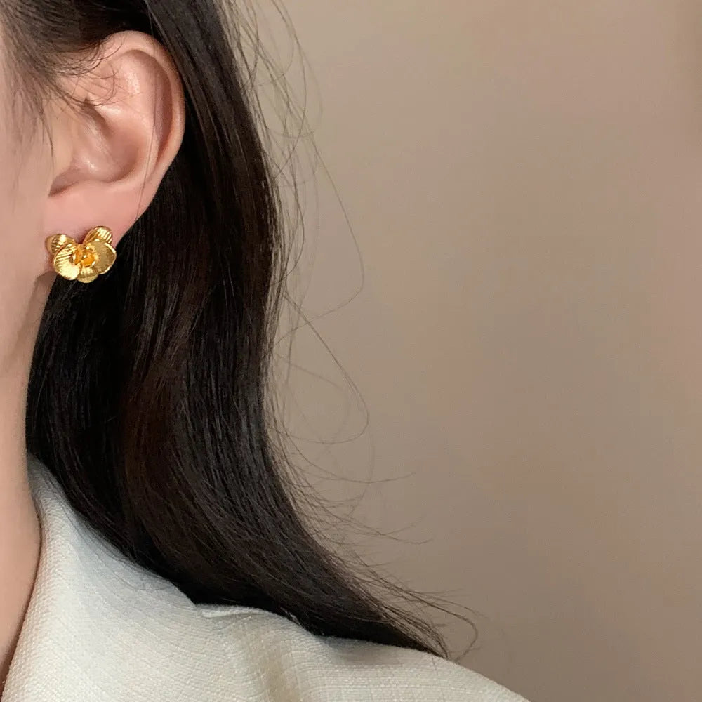 Copper flower earrings with petal design in gold or silver electroplated finish