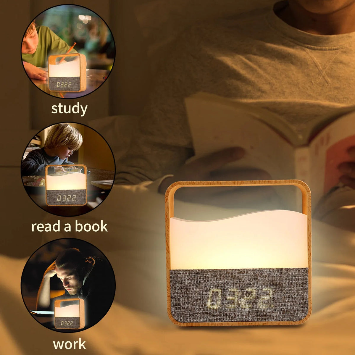 Wood grain alarm clock night lamp with remote control, warm white 3W LED, 109x107x36mm geometric bedside unit
