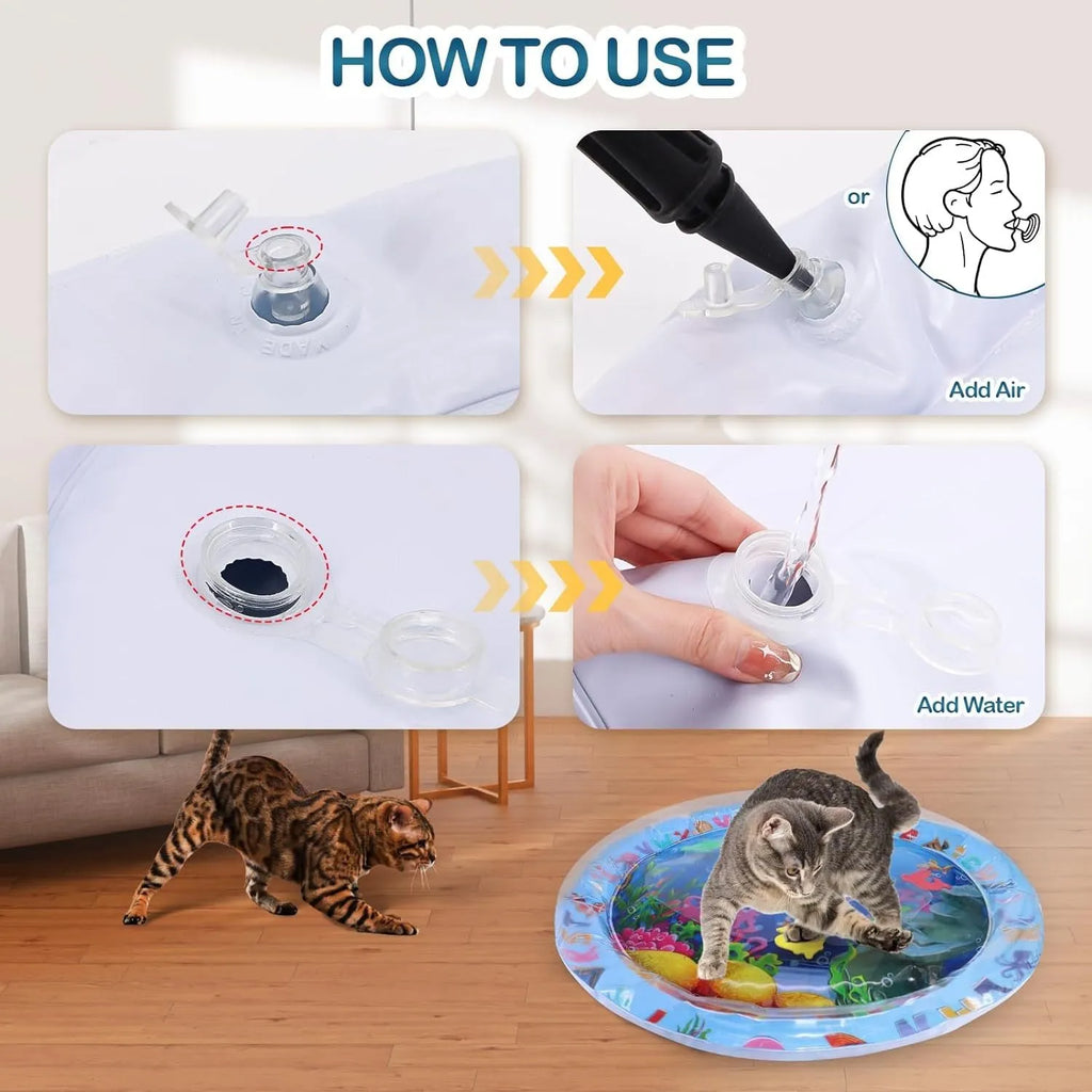 Water sensory playmat for cats and dogs with ocean fish theme, 4 floating toys, thickened PVC material, 8cm depth
