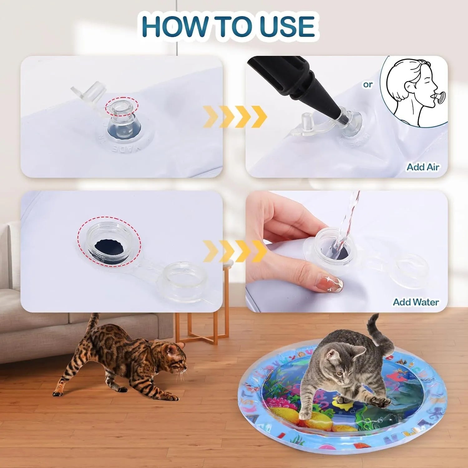 Water sensory playmat for cats and dogs with ocean fish theme, 4 floating toys, thickened PVC material, 8cm depth