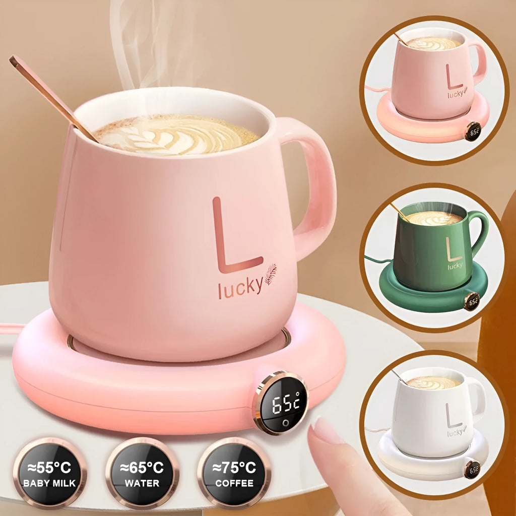 White USB cup warmer pad on desk with LED display showing temperature setting and mug on top