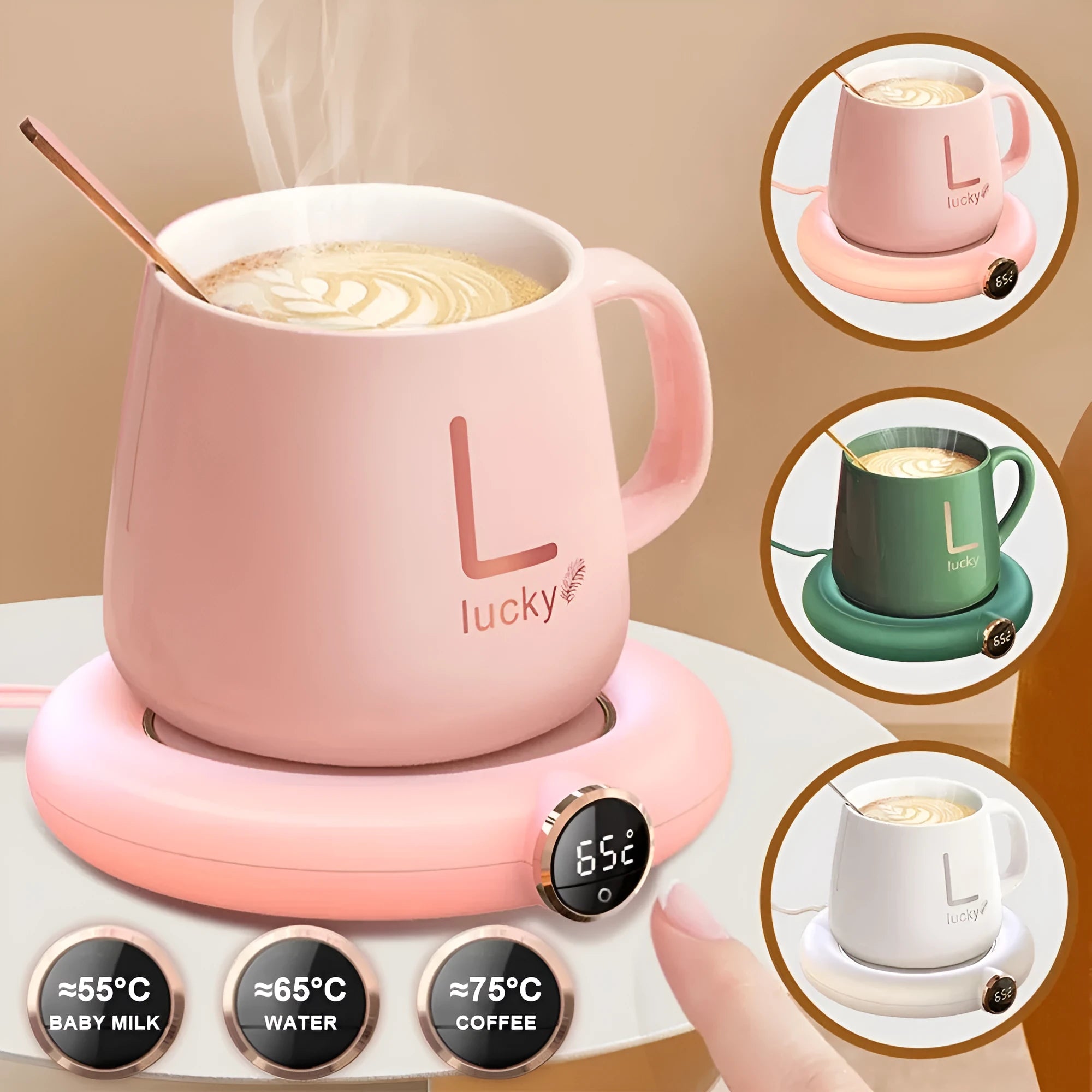 White USB cup warmer pad on desk with LED display showing temperature setting and mug on top