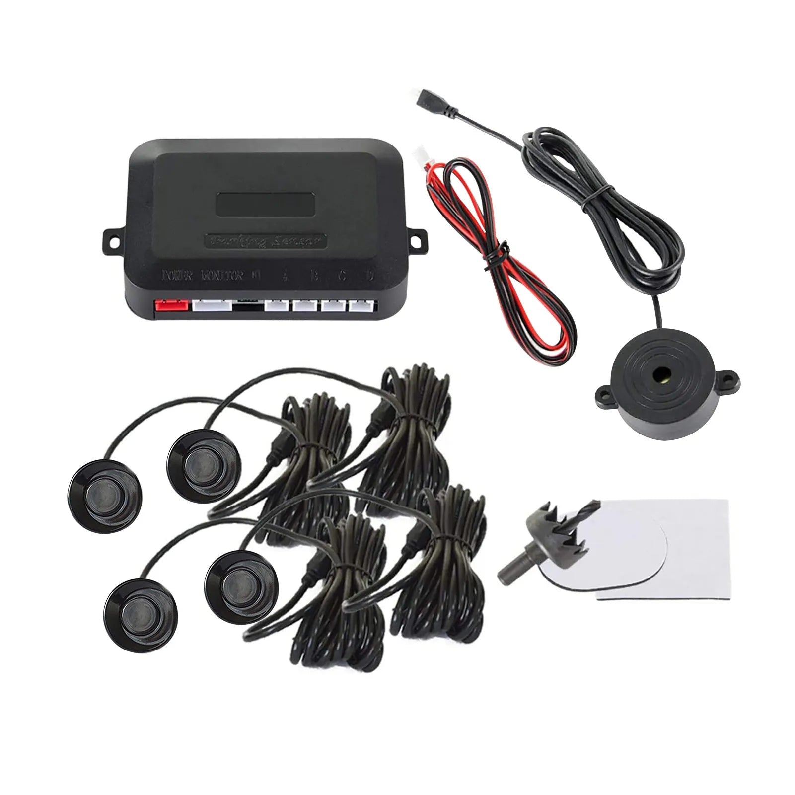 4-probe buzzer reversing radar system with sensors, control module, and installation tools for vehicle parking safety