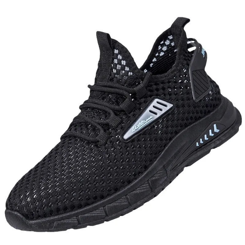 Men's beige mesh sneaker with synthetic leather upper and lace-up closure on a flat EVA sole.