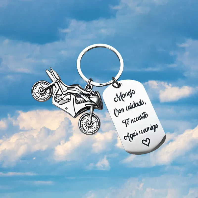 Stainless steel key ring with motorcycle design and flannel storage bag for key organisation