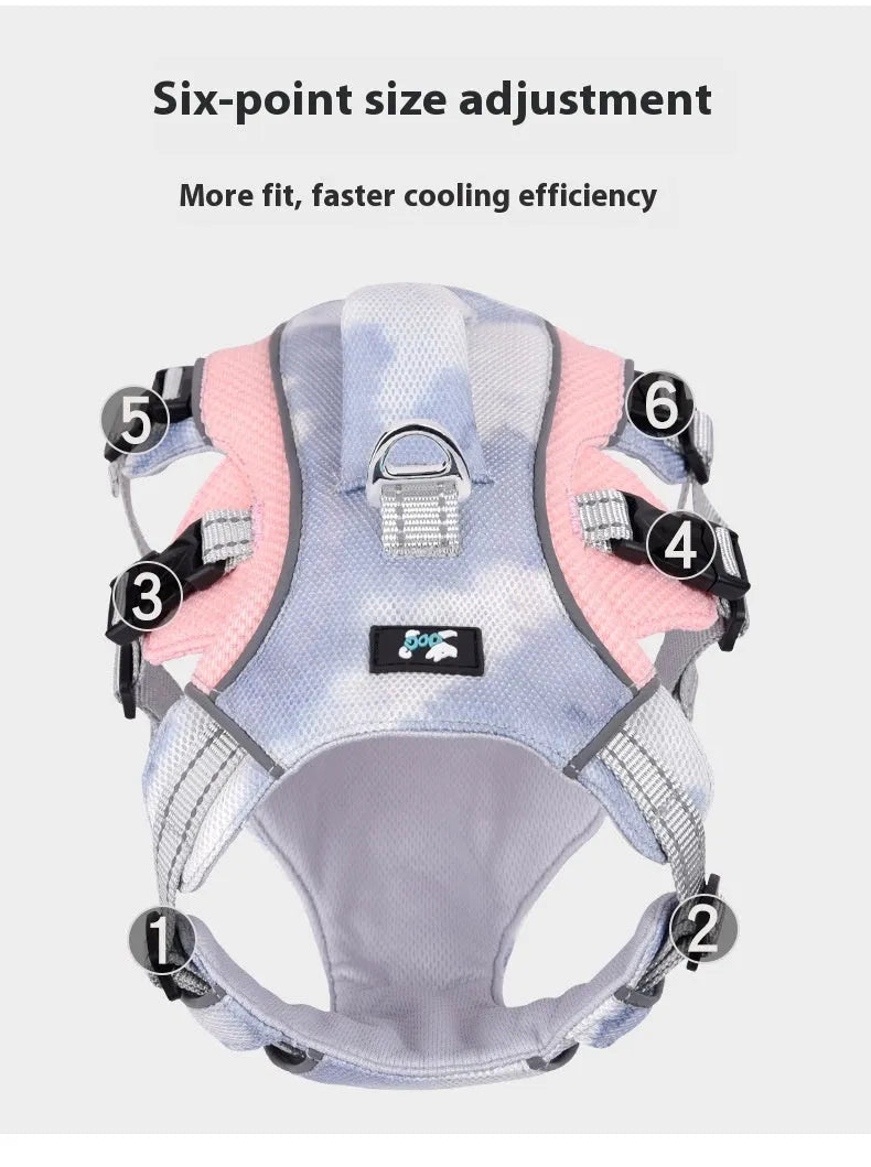 Reflective pet cooling chest strap in light blue with adjustable buckles and D-ring