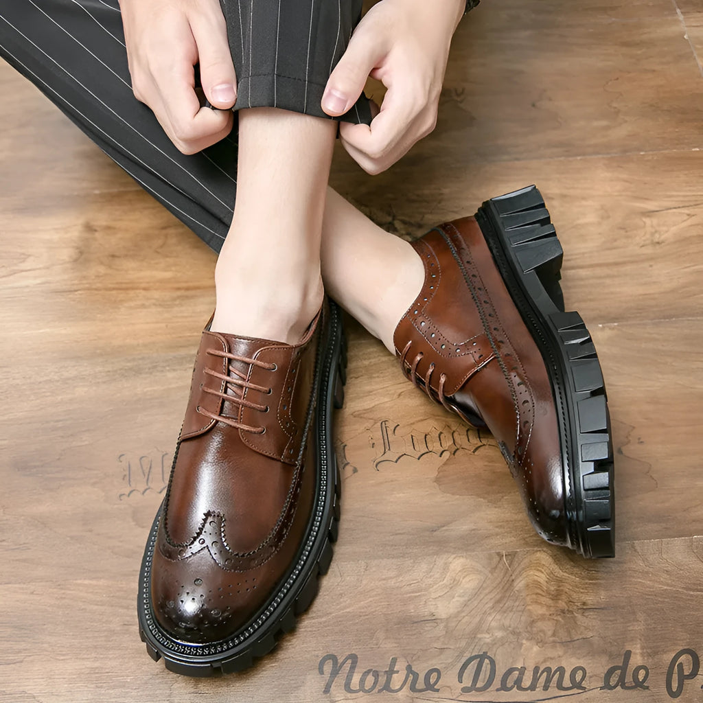 Men's black and brown brogue business shoes with round toe and artificial PU uppers