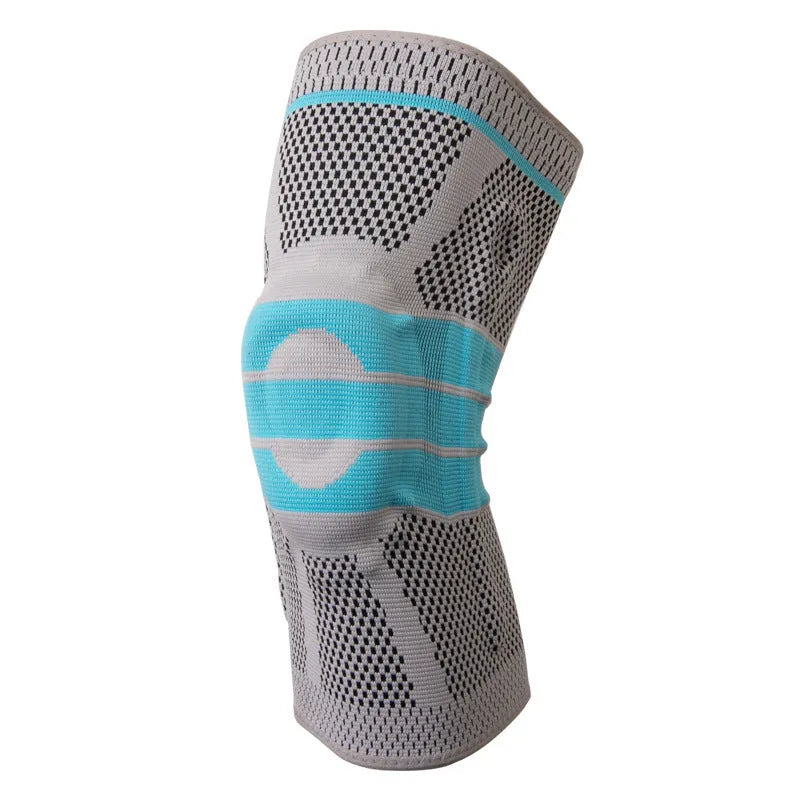 Sky blue silicone grip knee pads for sports, shown in sizes S, M, L, and XL.