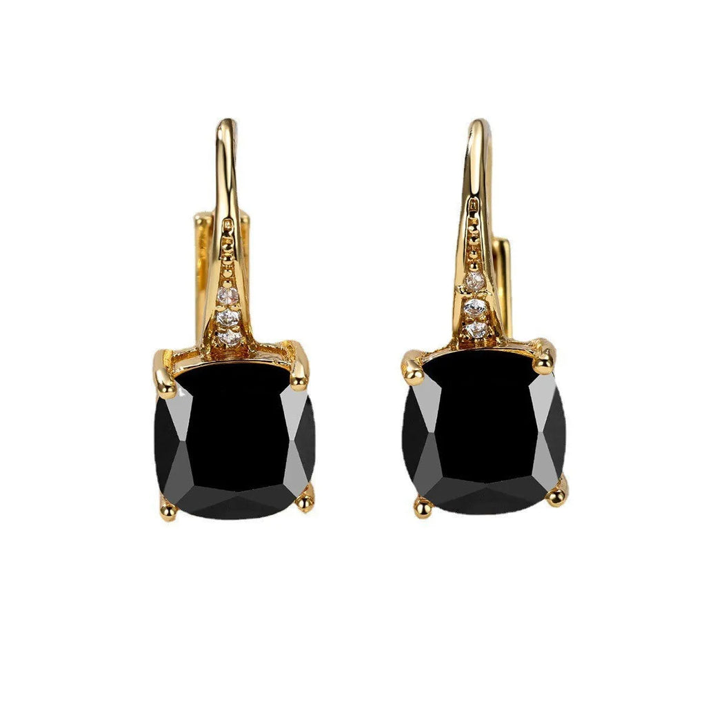 Geometric round ear hook earrings with square zircon inlay in electroplated copper construction