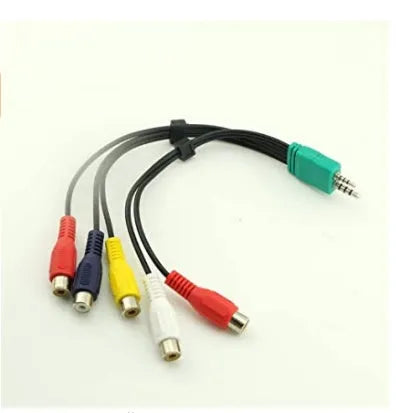 Black 3.5mm and 2.5mm to 5 RCA AV cable, tinned copper, approximately 18cm long