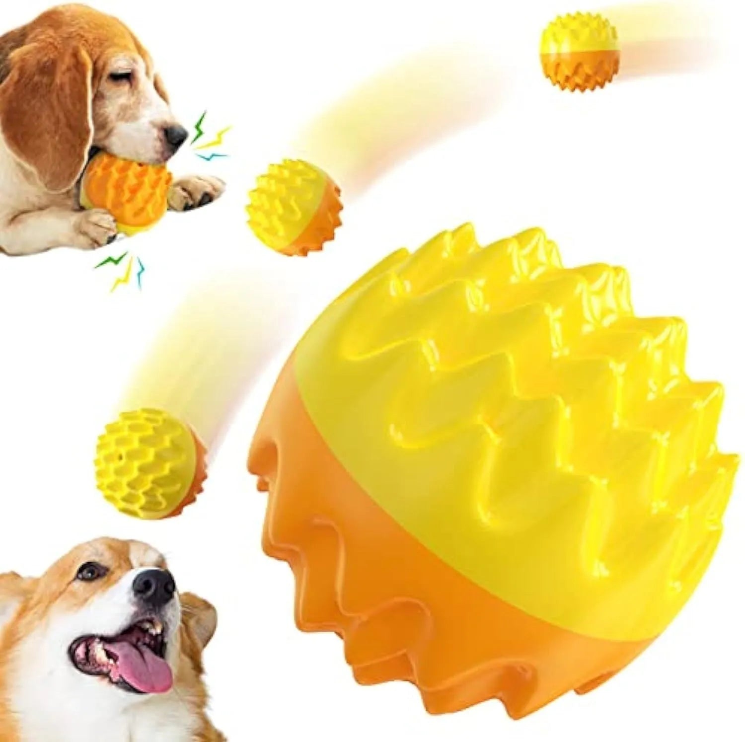 Blue and orange squeaky dog ball toy with spiky texture for dental cleaning, floats on water