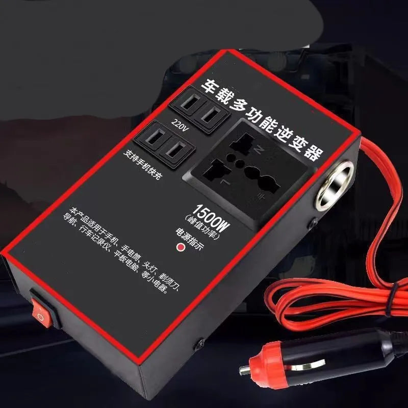 Black car power converter with UK three-pin socket and four USB ports for 12V/24V to 220V conversion