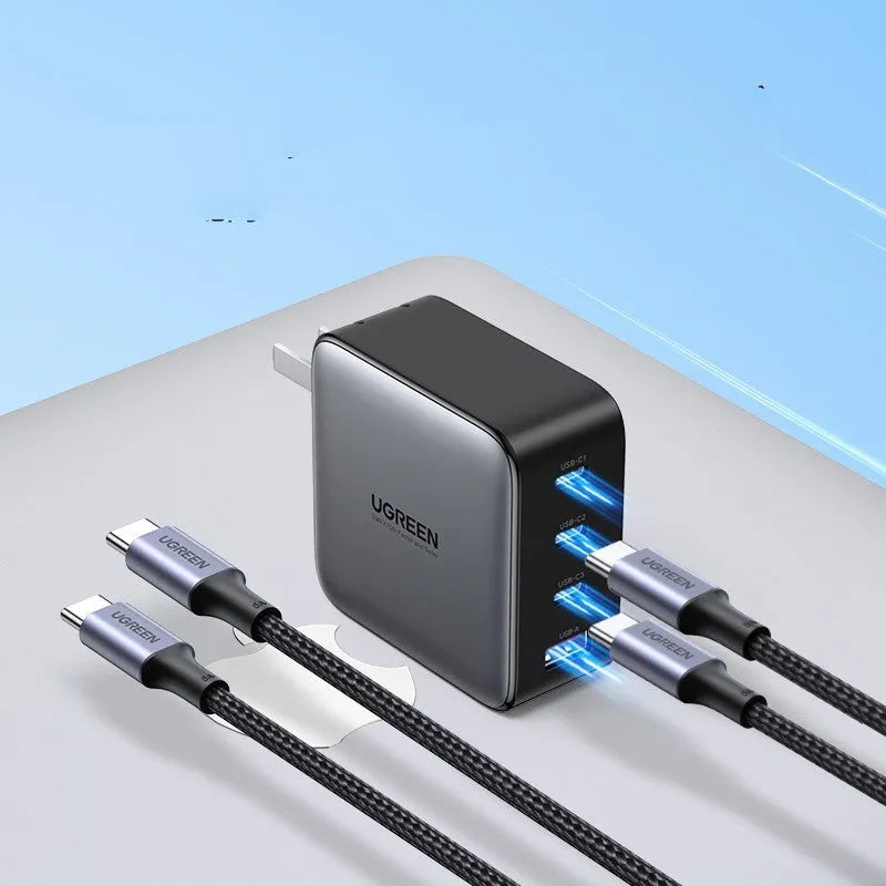 100W Gallium Nitride fast charger plug with USB-C cable on a white background