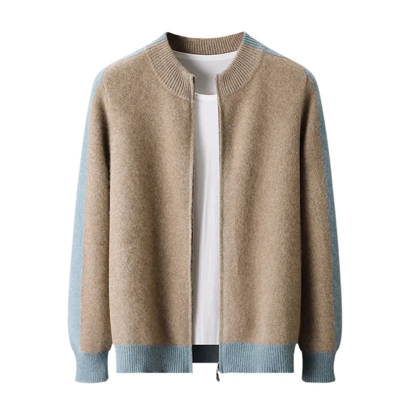 Men's loose fit half-turtleneck zipper cardigan in thick wool yarn, shown in dark blue.