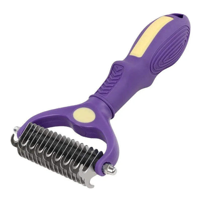 Purple double-sided plastic pet comb for detangling dog and cat fur.
