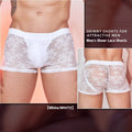 Men's lace-trimmed boxers in black, white, or red, made from nylon fabric, free size with 2-3cm tolerance.