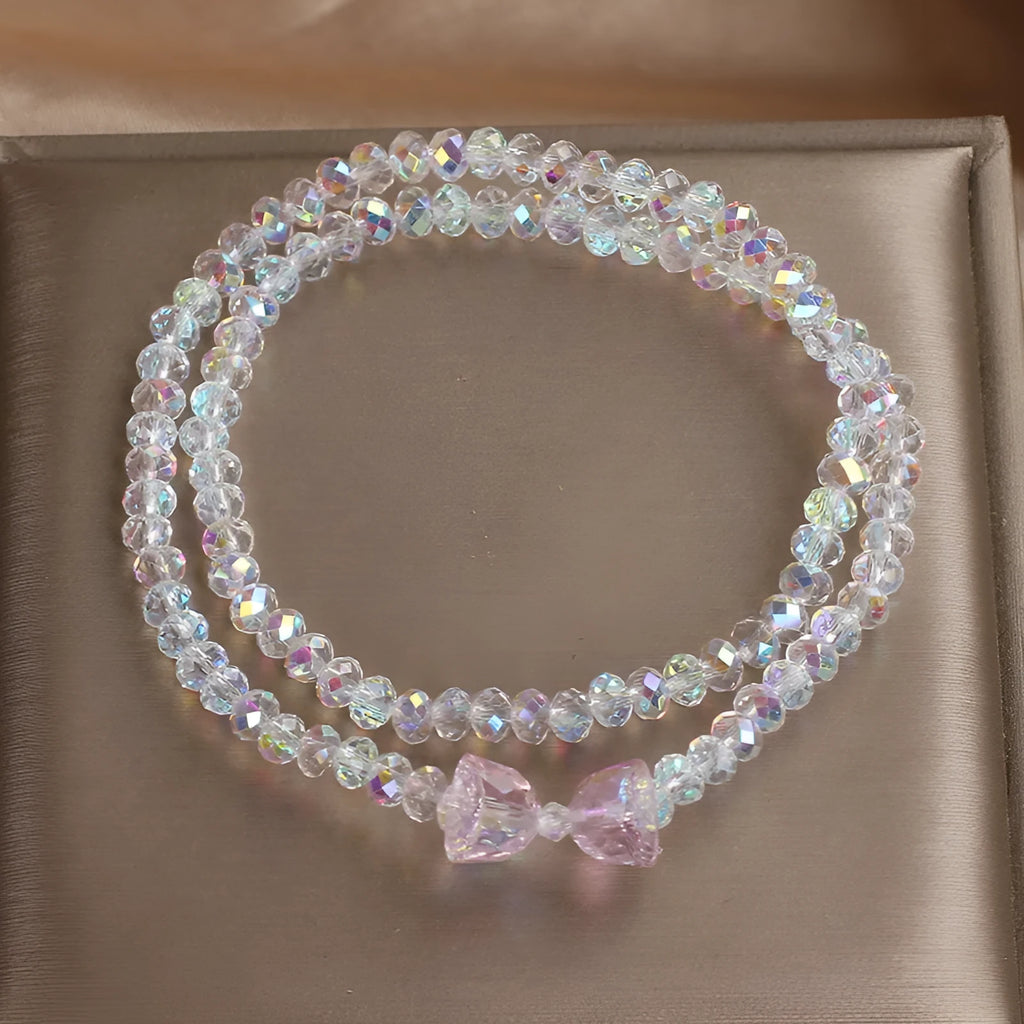 Women's double-circle crystal bow bracelet in white, green, or pink Mori style with colourful crystal design