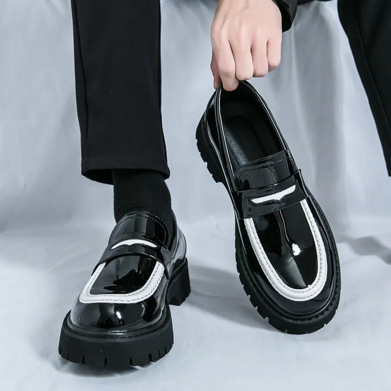 Men's chunky platform leather shoes in black with PU upper, rubber sole, round toe, low tube, sizes 38-46