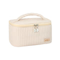 Open-top pink PU leather makeup bag showing interior space for cosmetics organisation