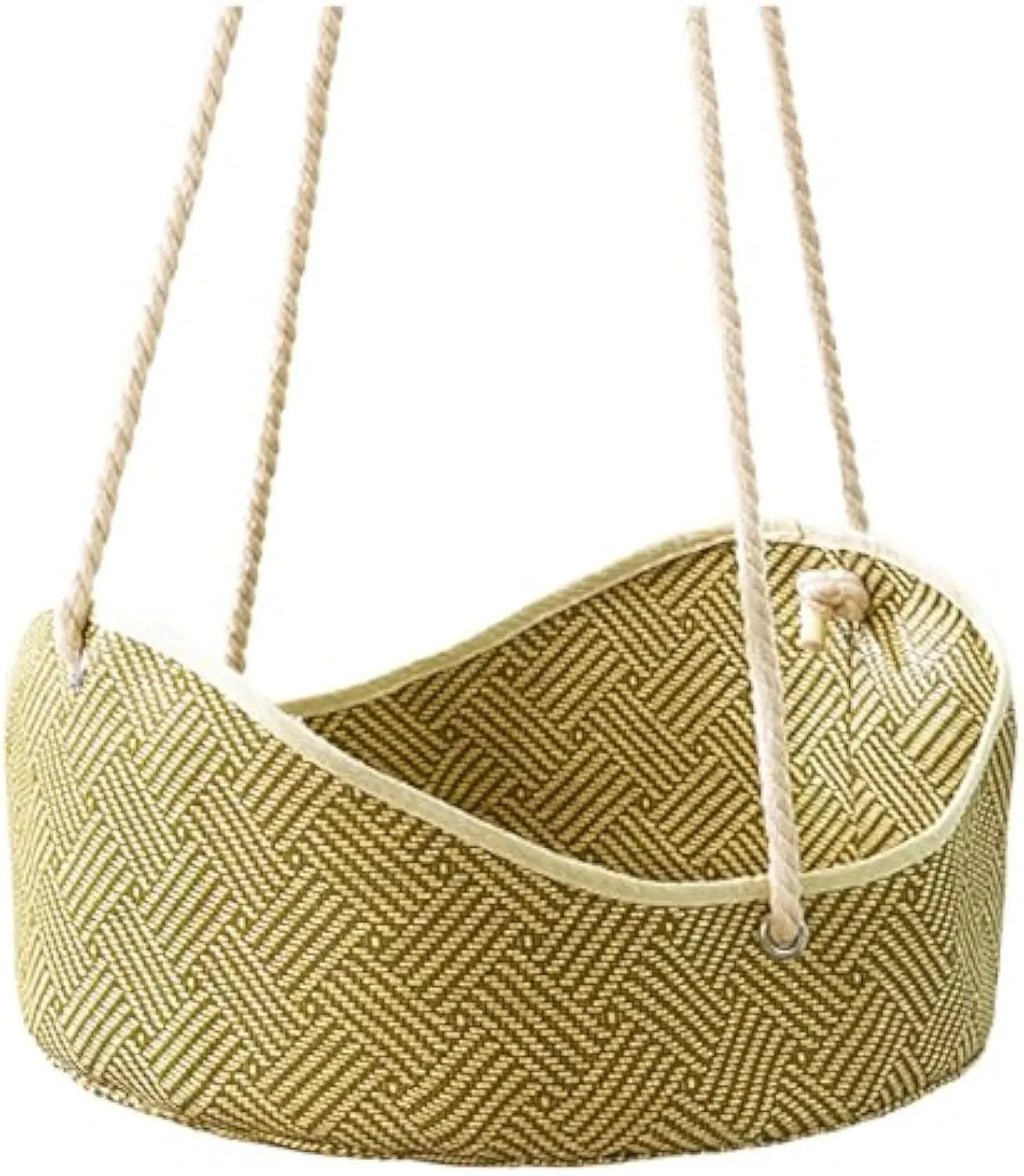 Green rattan cat hammock with metal hooks, shown hanging in a cage.