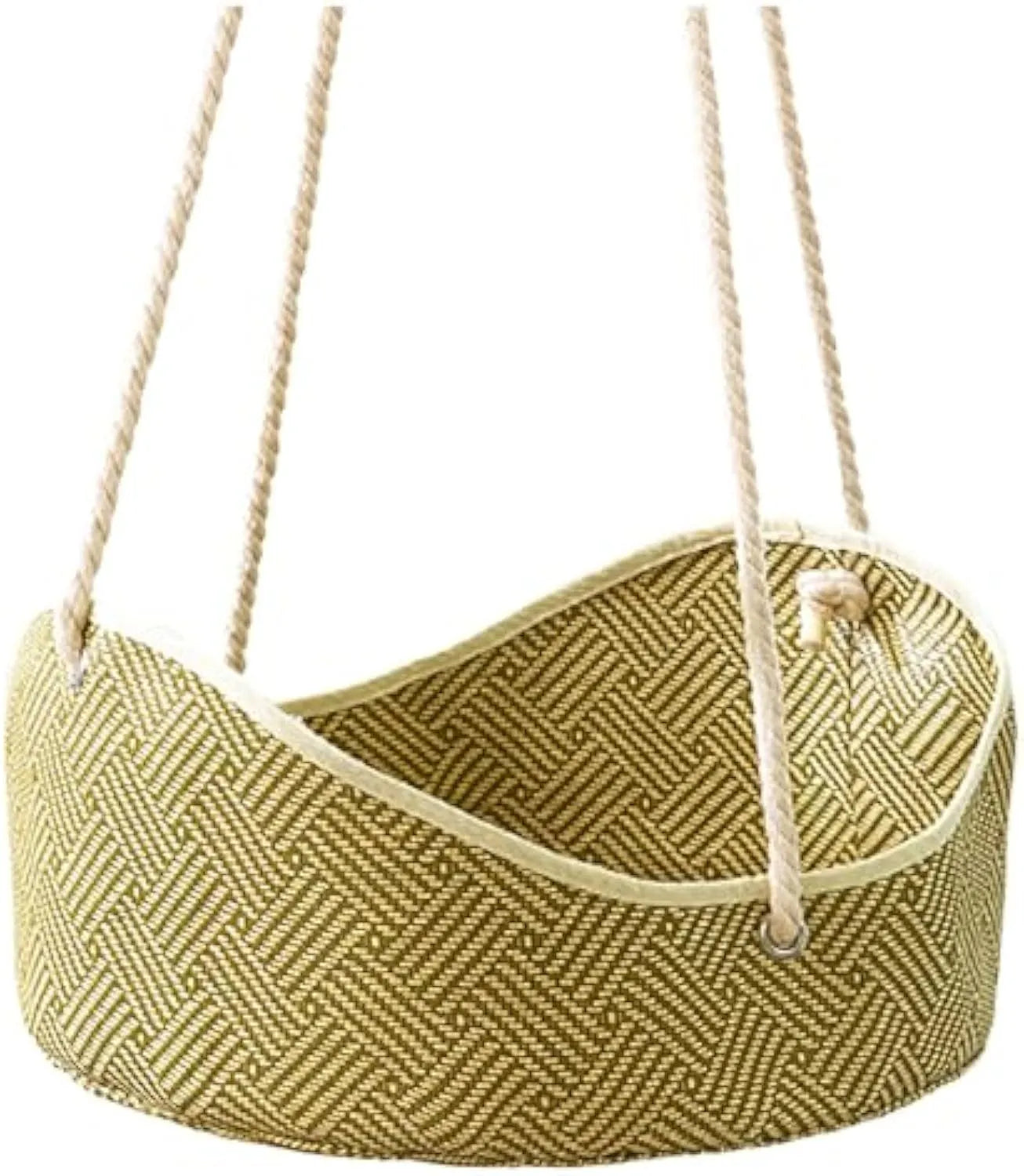 Green rattan cat hammock with metal hooks, shown hanging in a cage.