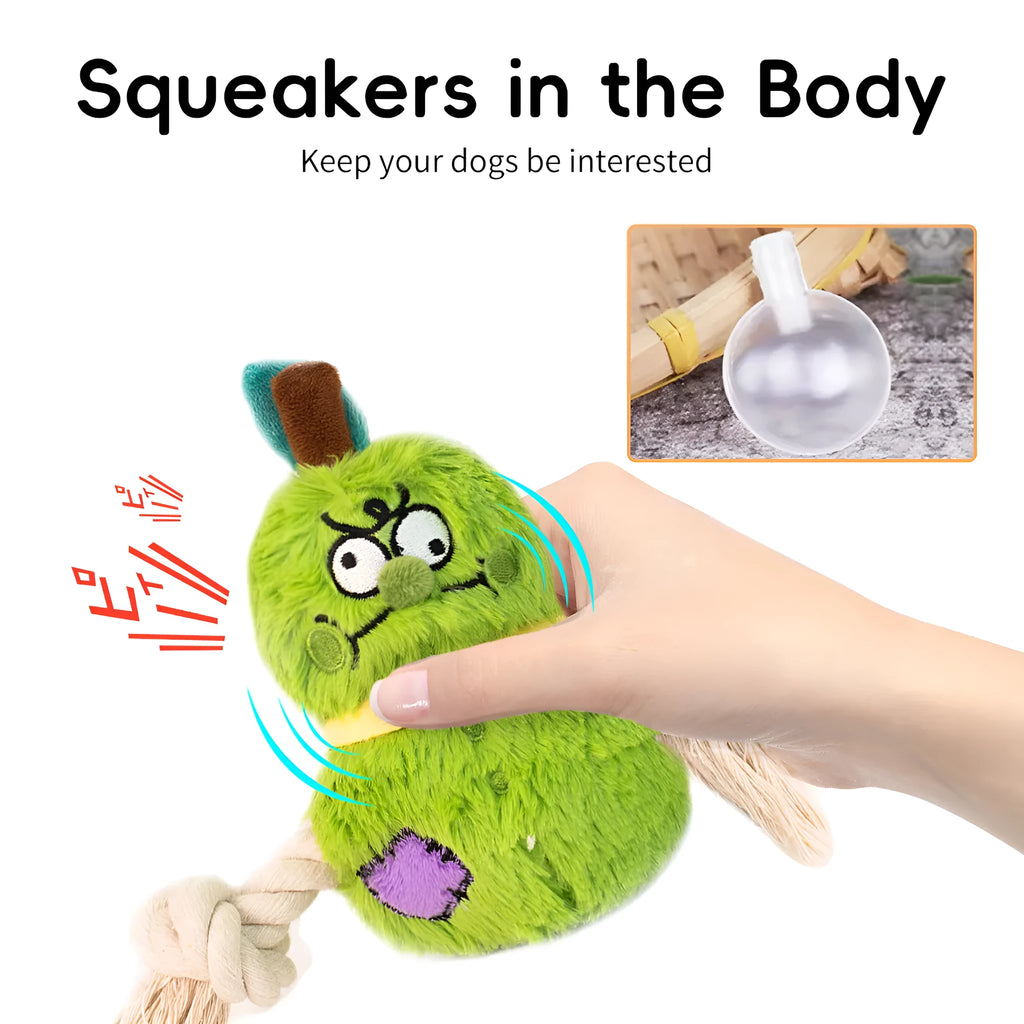 Green and purple interactive dog plush rope knot tug toy with bite-resistant texture