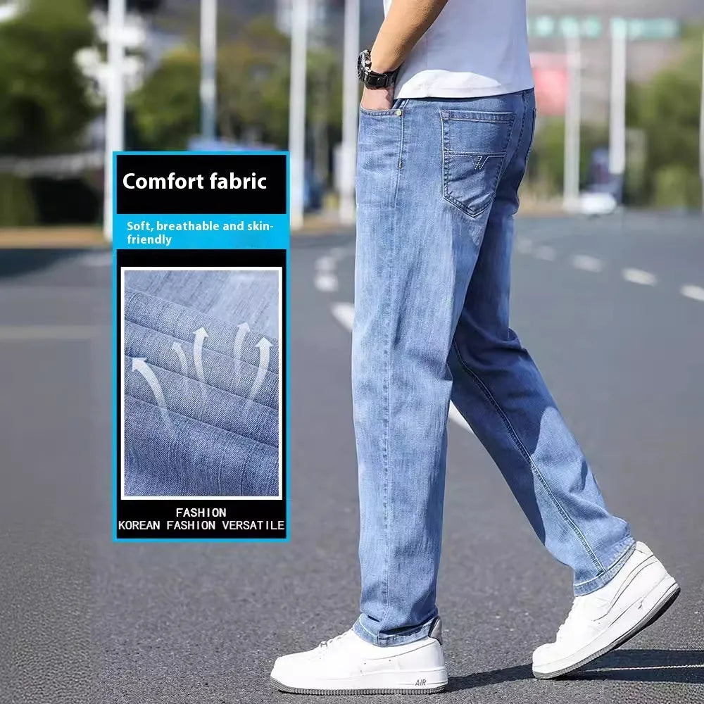 Men's tapered business casual trousers in thin stretch denim cotton fabric