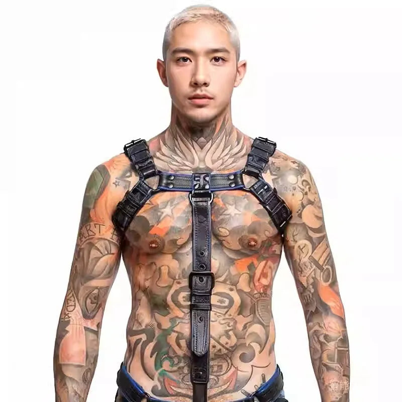 Blue and black leather shoulder strap suspenders with metal buckle adjustment
